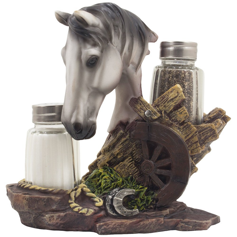 White Stallion Salt and Pepper Set with Decorative Spice Rack Holder Pony Sculpture